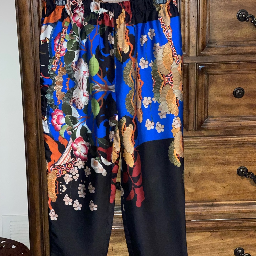 Zara Black and Blue Straight Leg Pants with Floral Design